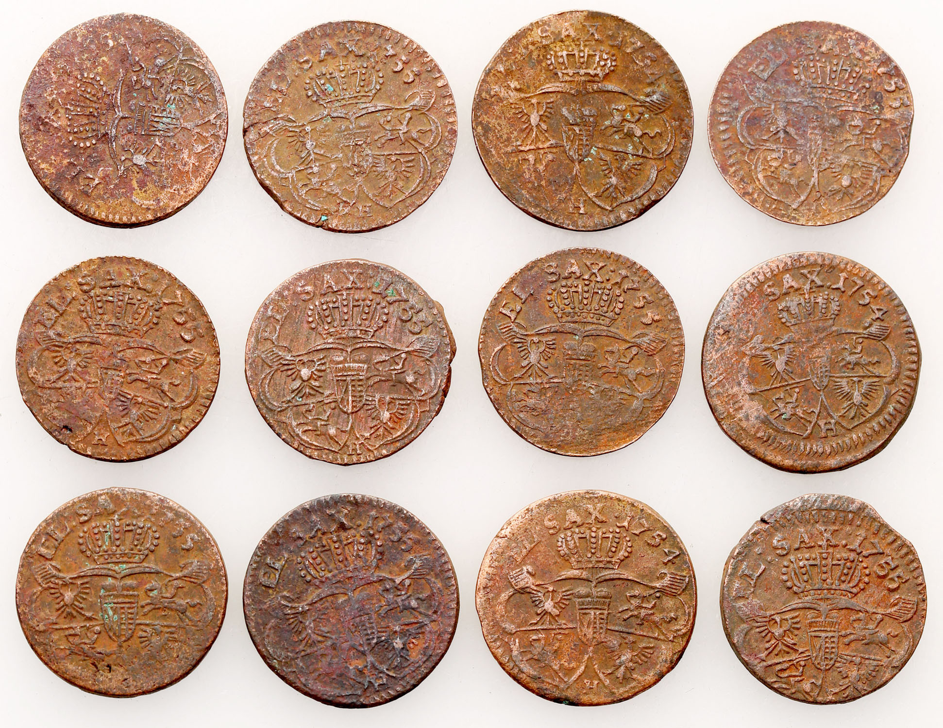 August III Sas. Grosz 1754-1755, zestaw 12 monet